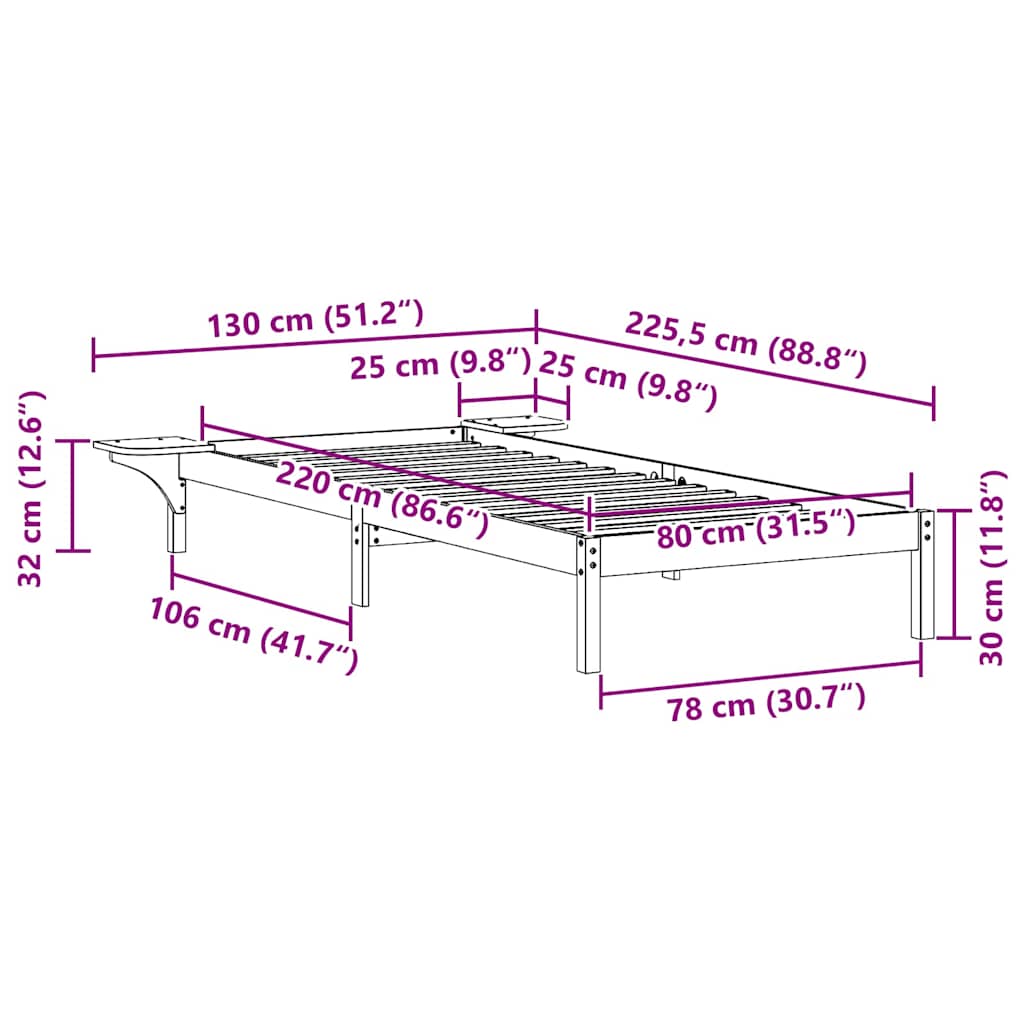 Sengestel med sideborde Naturfarvet 80 x 220 cm Massiv fyrretræ