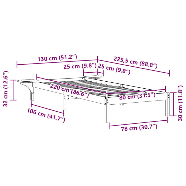 Sengestel med sideborde Voks brun 80 x 220 cm Massiv fyrretræ