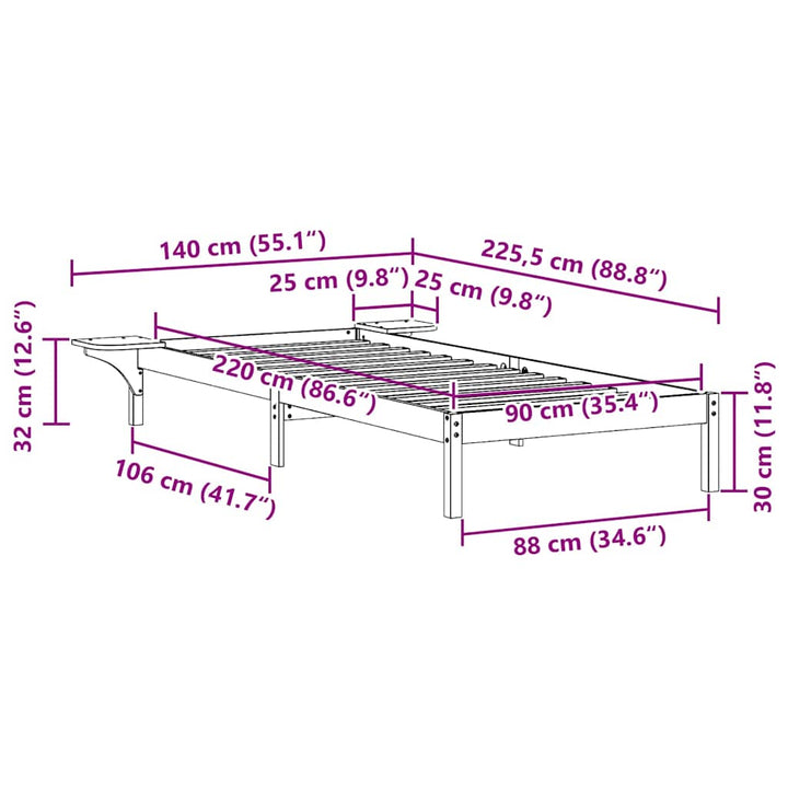 Sengestel med sideborde Voks brun 90 x 220 cm Massiv fyrretræ