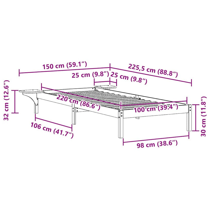 Sengestel med sideborde Naturfarvet 100 x 220 cm