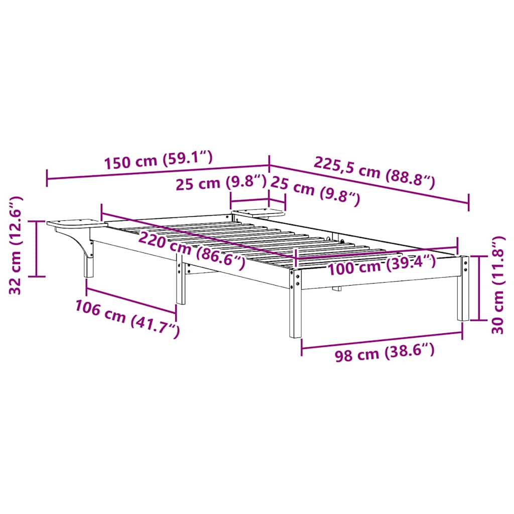 Sengestel med sideborde Voks brun 100 x 220 cm Massiv fyrretræ