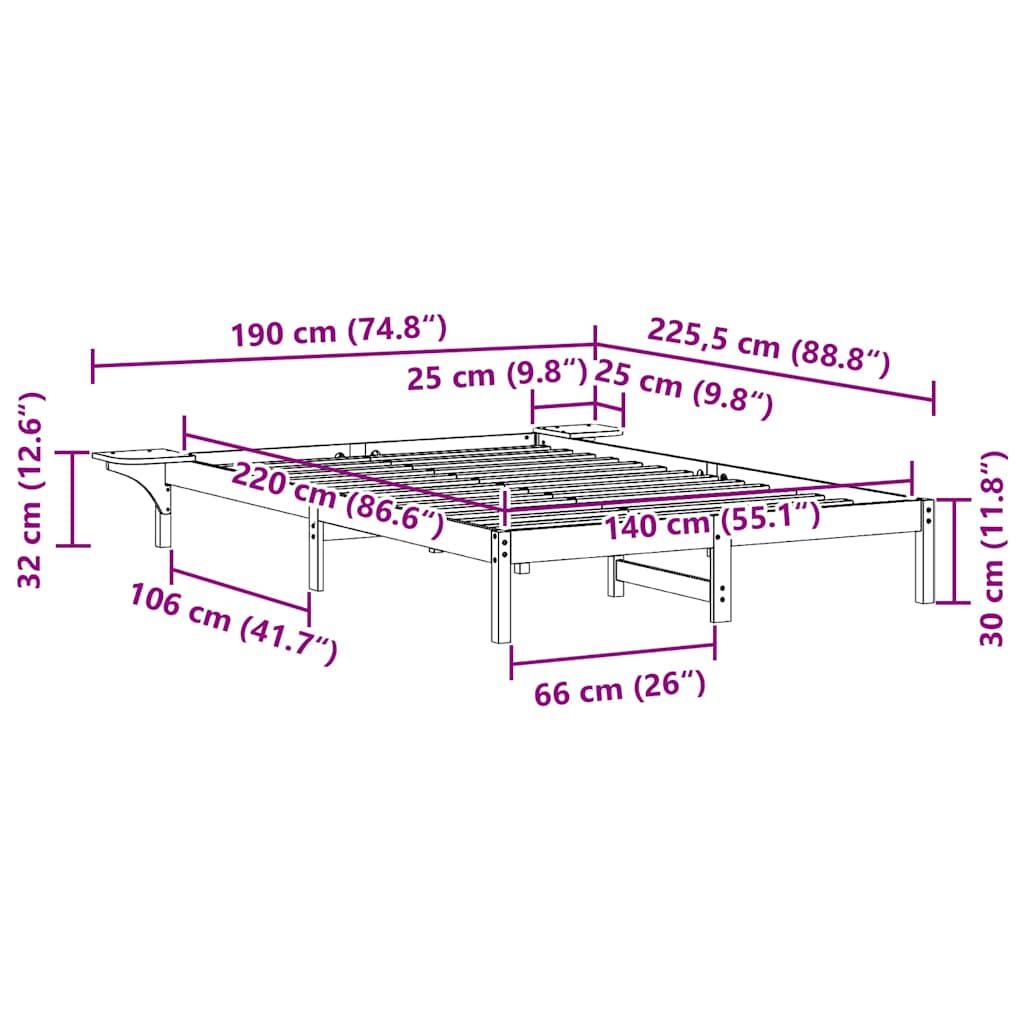 Sengestel med sideborde Voks brun 140 x 220 cm Massiv fyrretræ