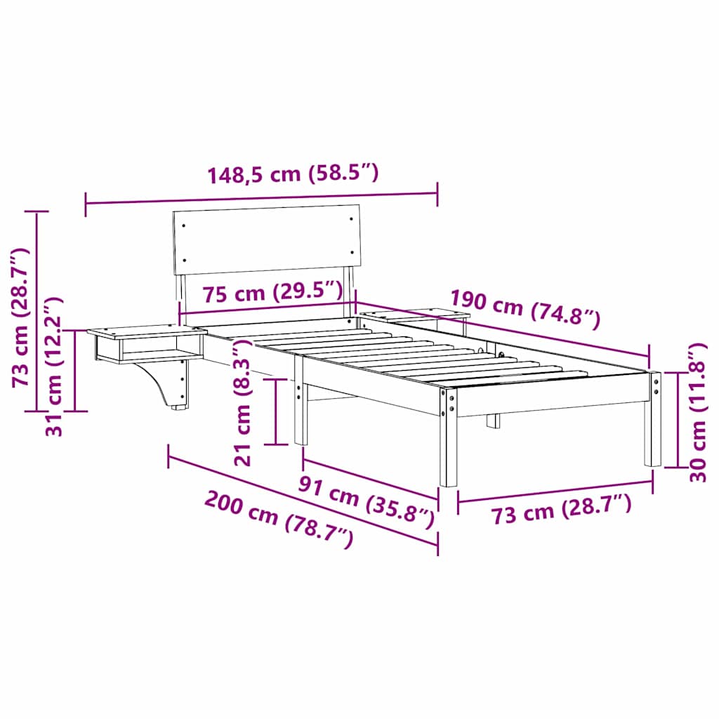 Sengestel med hovedgærde Hvid 75 x 190 cm Massiv fyrretræ