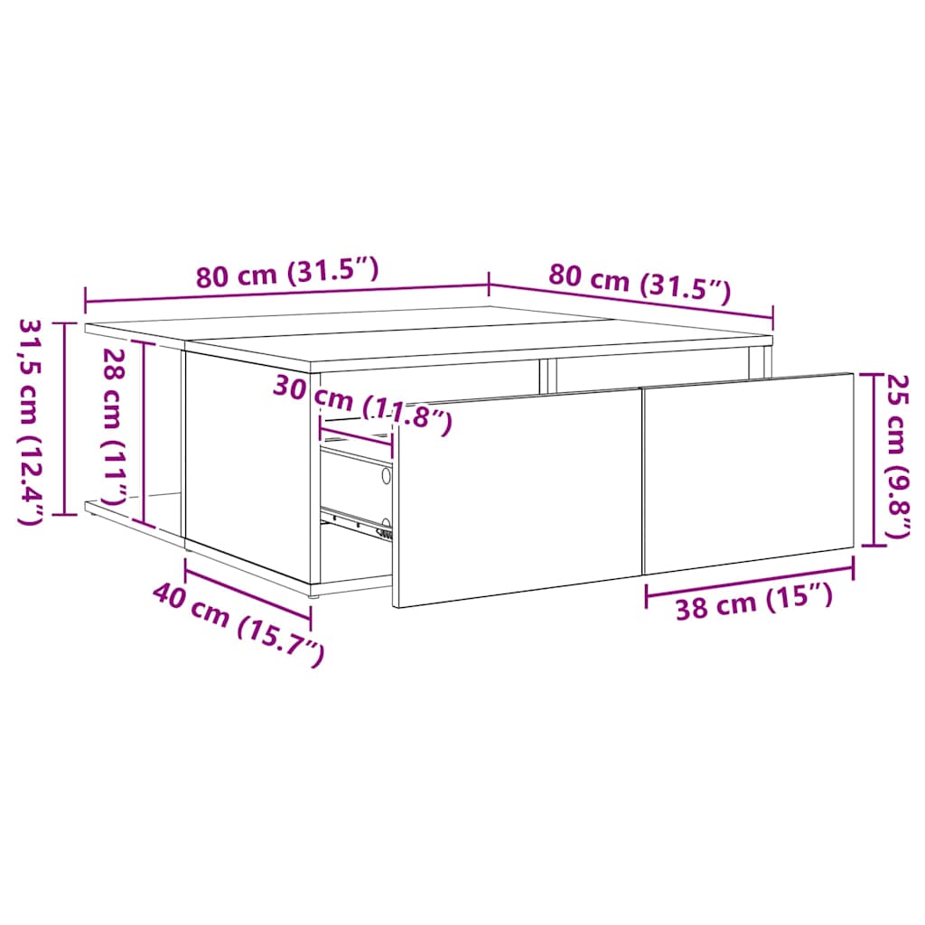 Sofabord med skuffe Sort eg 80 x 80 x 31 cm Konstrueret træ