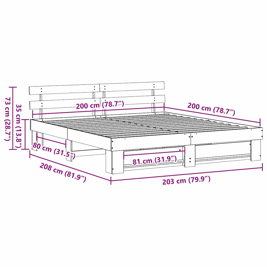 Sengestel med hovedgærde Brun 200 x 200 cm Massiv fyrretræ
