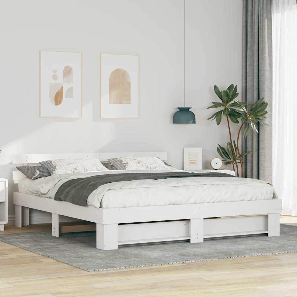 Sengestel med hovedgærde Hvid 200 x 200 cm Massiv fyrretræ