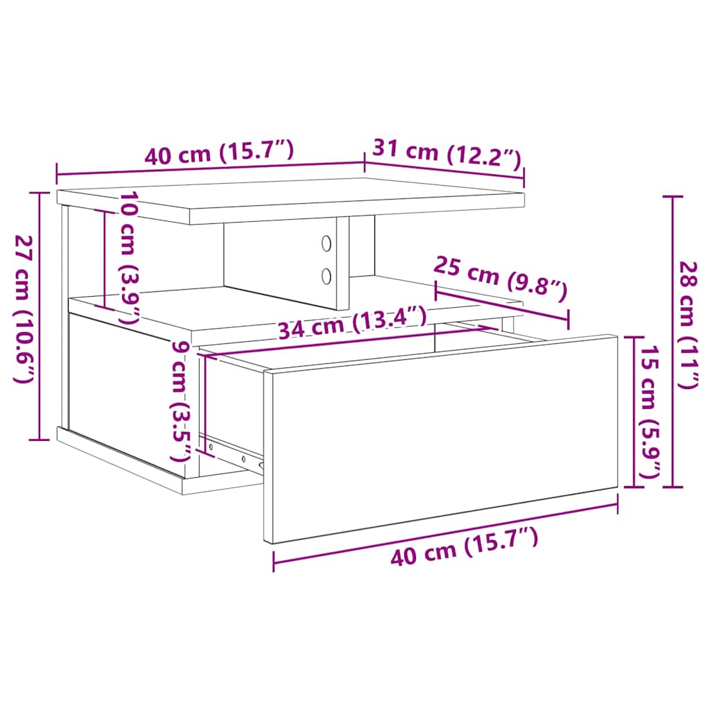 Flydende Natbord Sort eg 40 x 31 x 28 cm Konstrueret træ