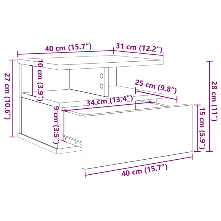 Flydende Natbord Sort eg 40 x 31 x 28 cm Konstrueret træ