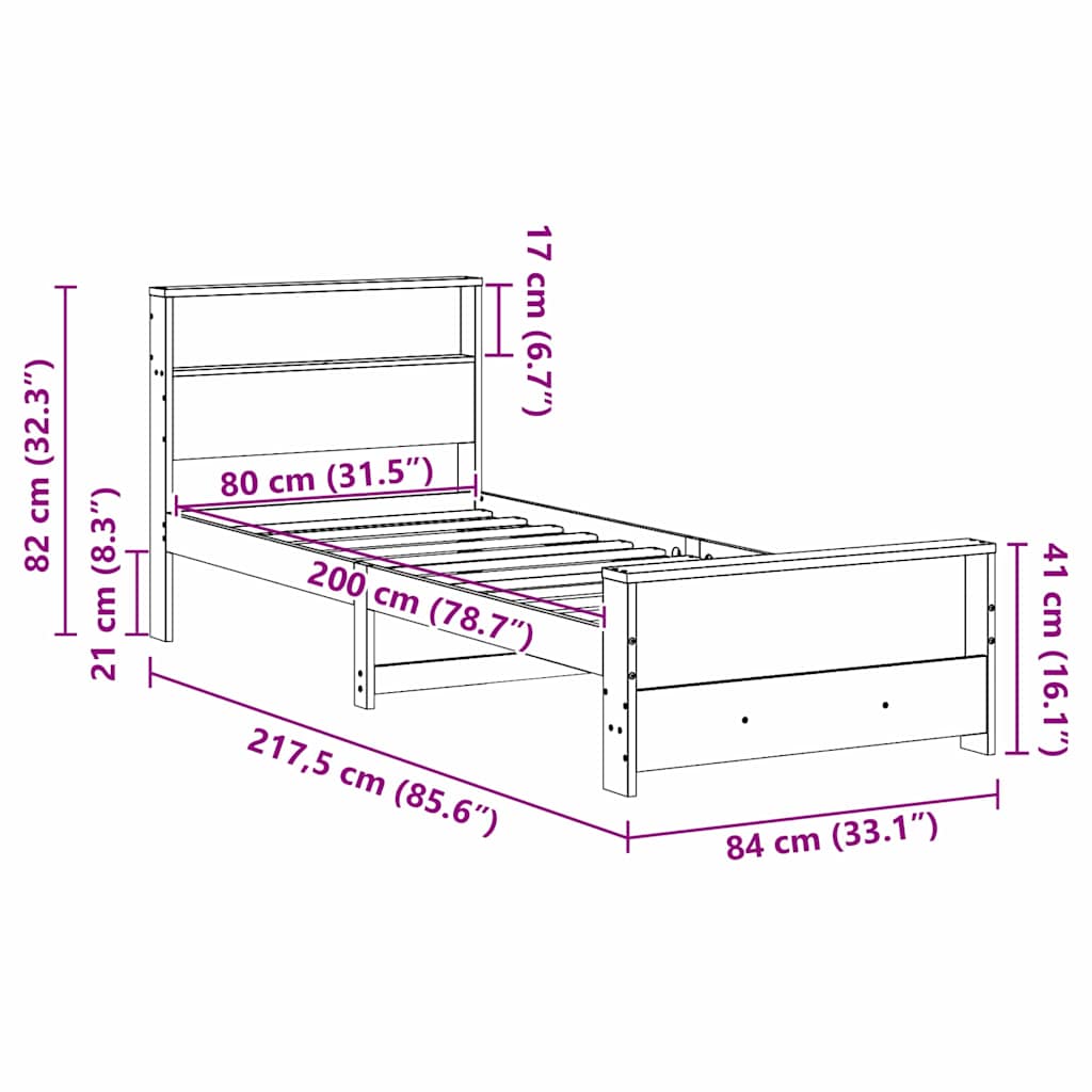 Sengestel med hylde Voks brun 80 x 200 cm Massivt fyrretræ