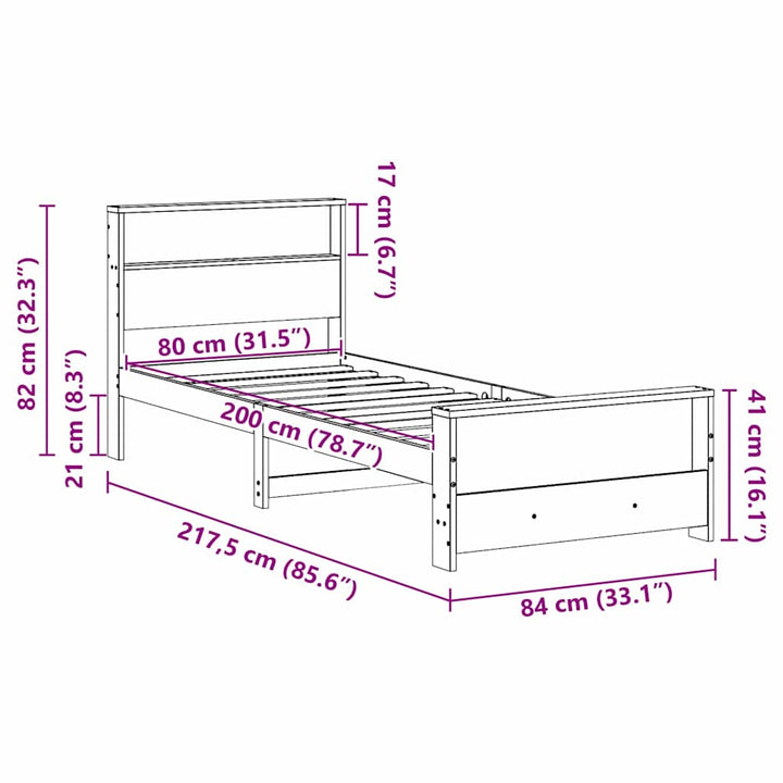 Sengestel med hylde Voks brun 80 x 200 cm Massivt fyrretræ