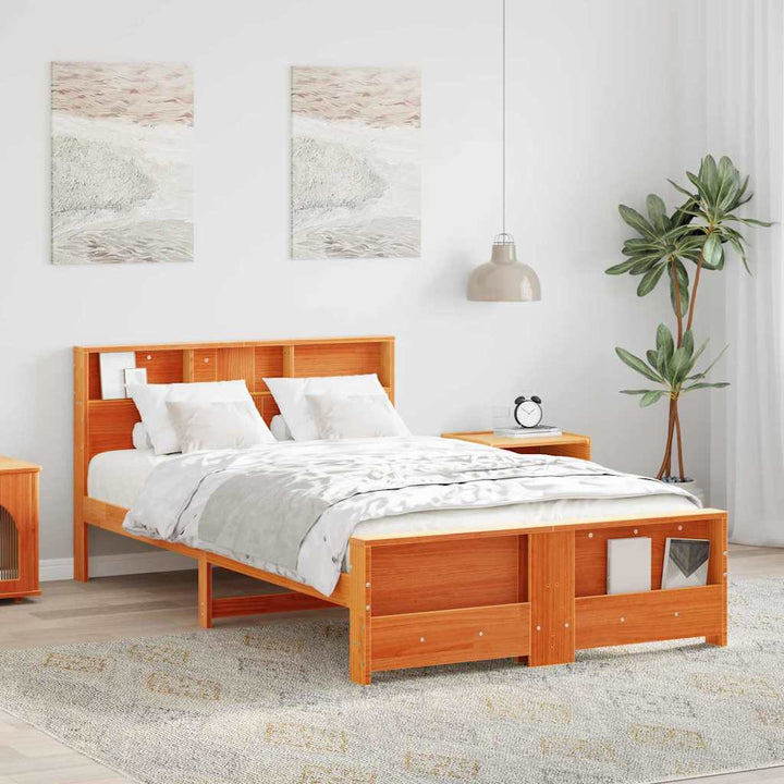 Sengestel med hylde Voks brun 140 x 190 cm Massivt fyrretræ