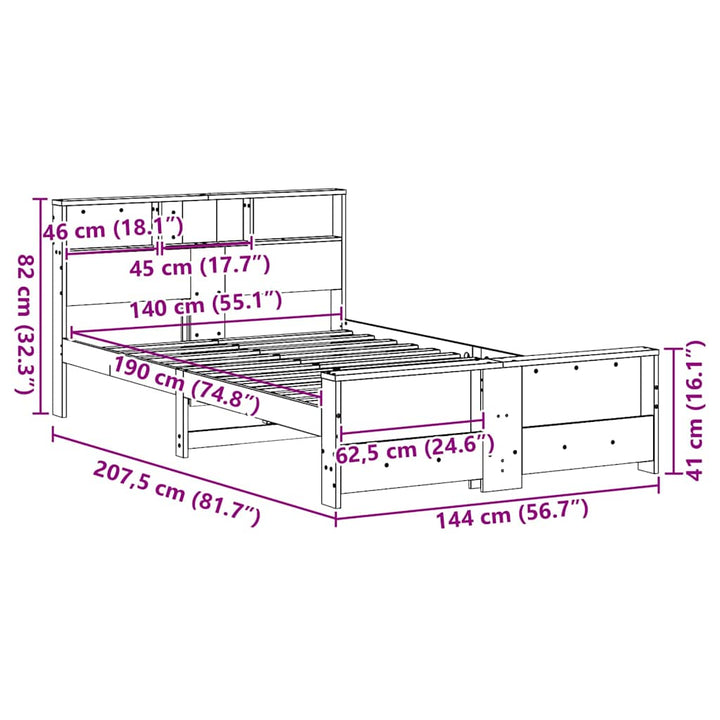 Sengestel med hylde Voks brun 140 x 190 cm Massivt fyrretræ