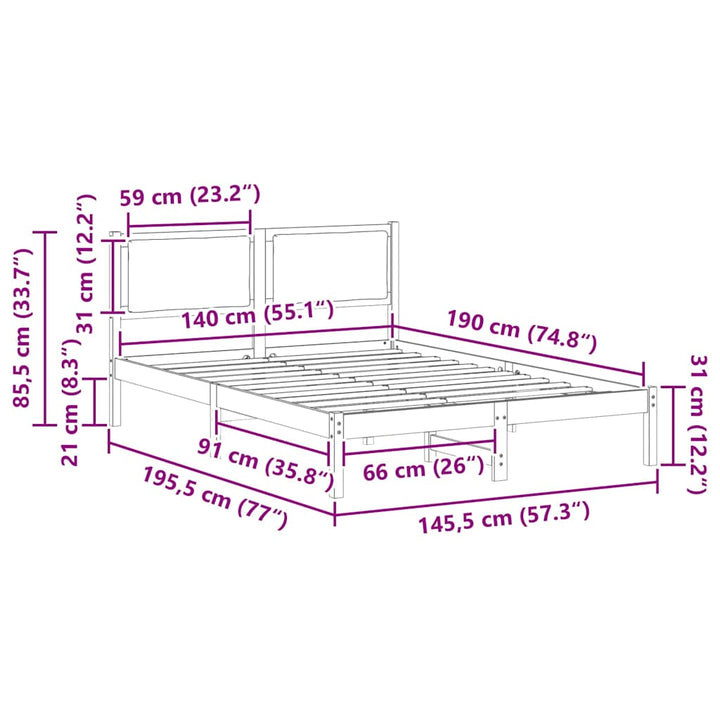 Sengestel med hovedgærde Gråbrun 140 x 190 cm Massiv fyrretræ