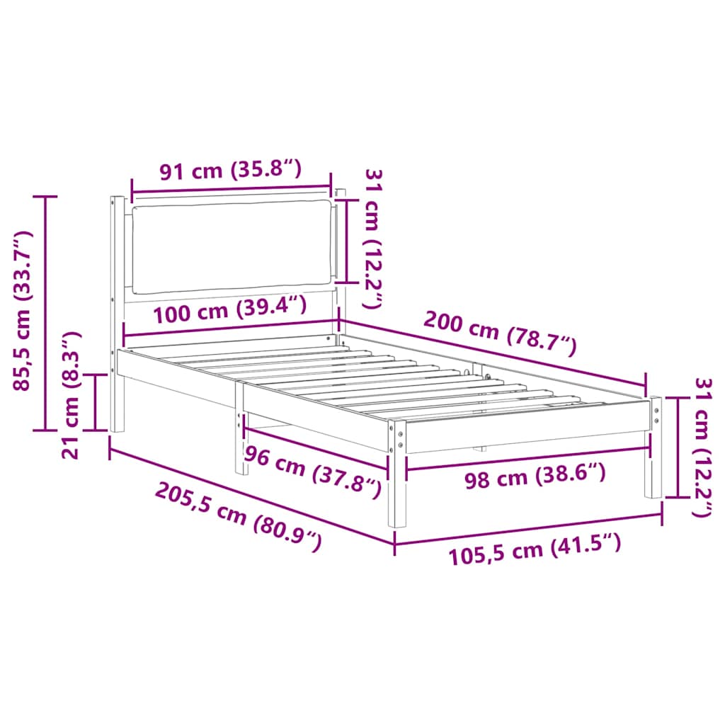 Sengestel med hovedgærde Mørkegrå 100 x 200 cm Massiv fyrretræ