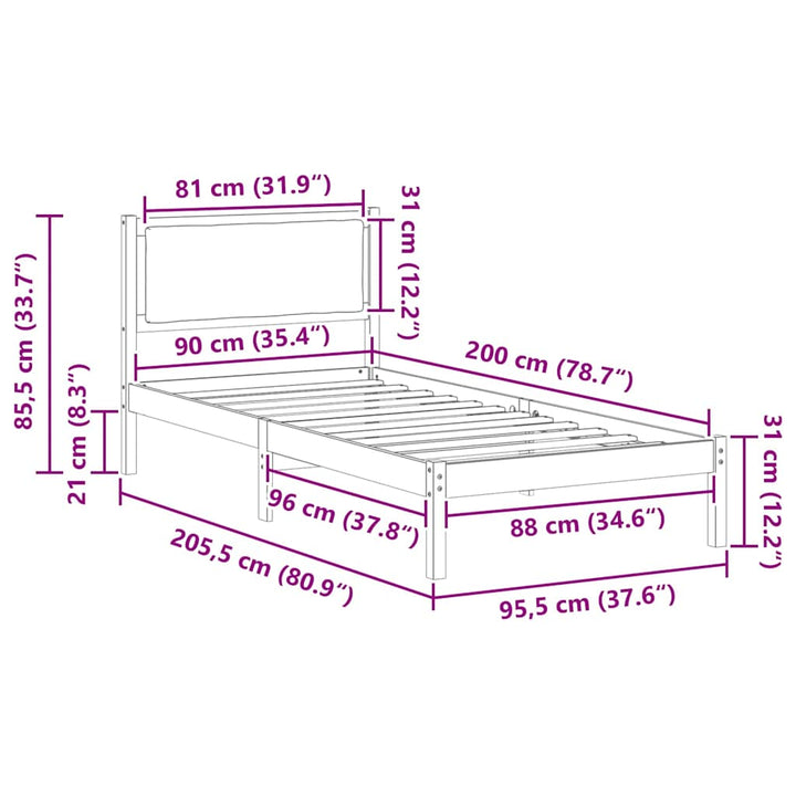 Sengestel med hovedgærde Mørkegrå 90 x 200 cm Massiv fyrretræ