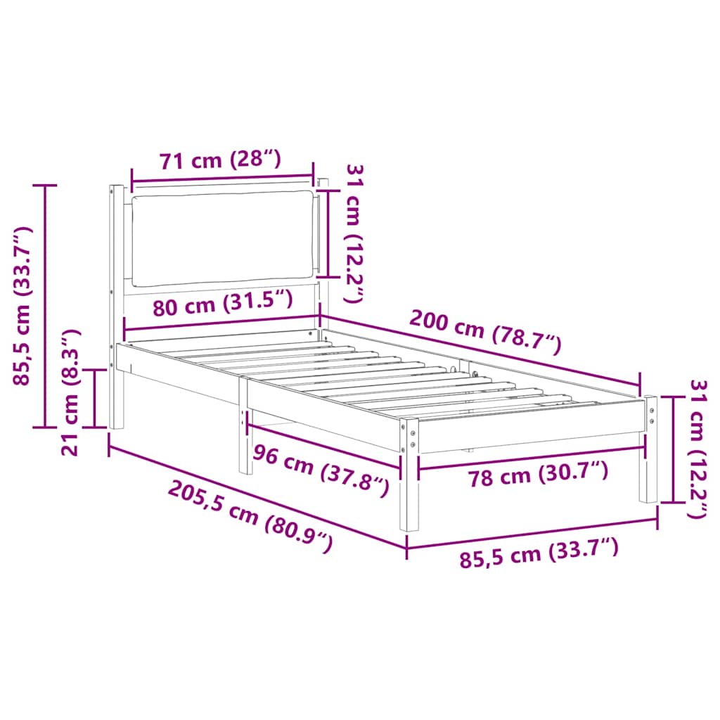 Sengestel med hovedgærde Mørkegrå 80 x 200 cm Massiv fyrretræ