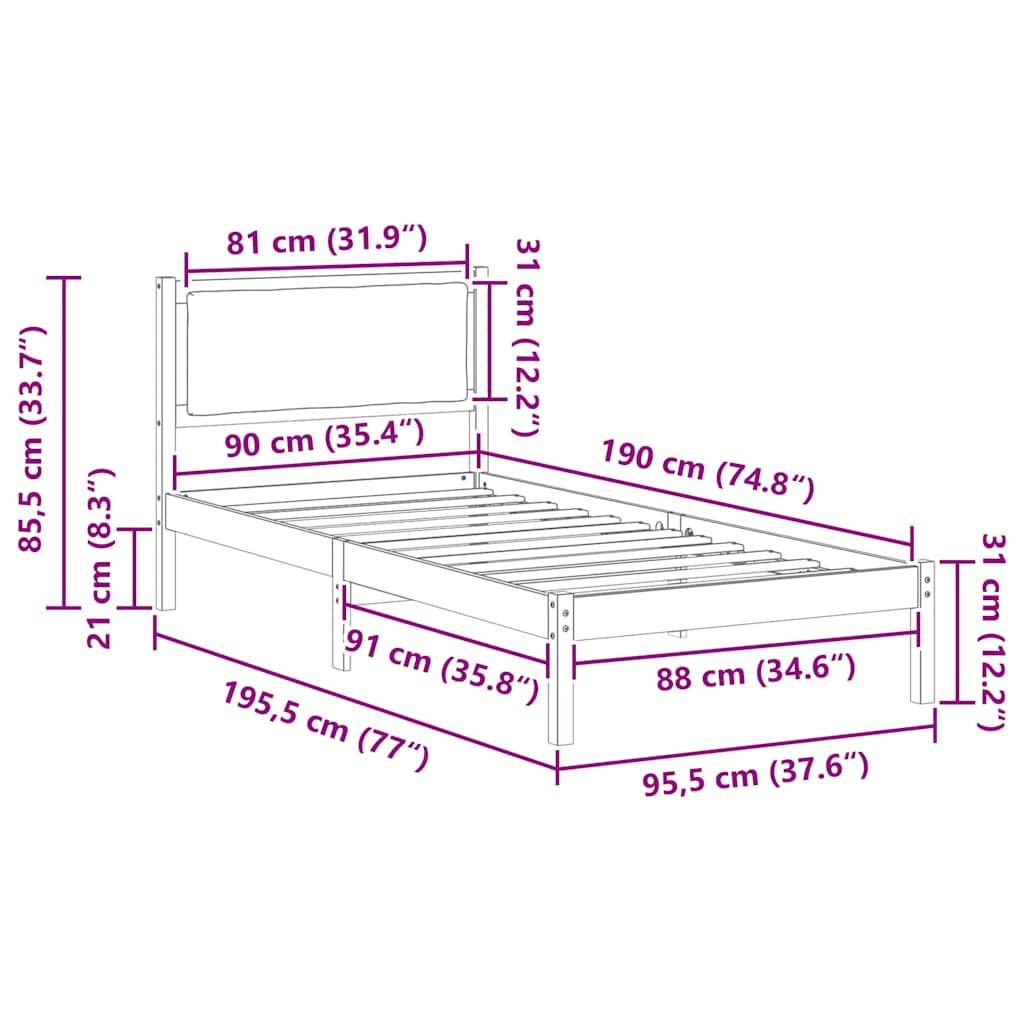 Sengestel med hovedgærde Gråbrun 90 x 190 cm Massiv fyrretræ