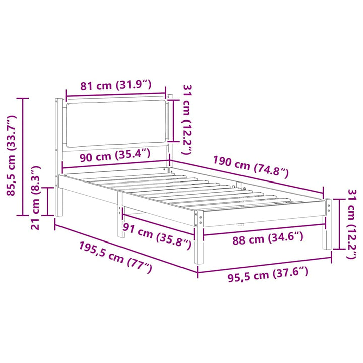 Sengestel med hovedgærde Lysegrå 90 x 190 cm Massiv fyrretræ