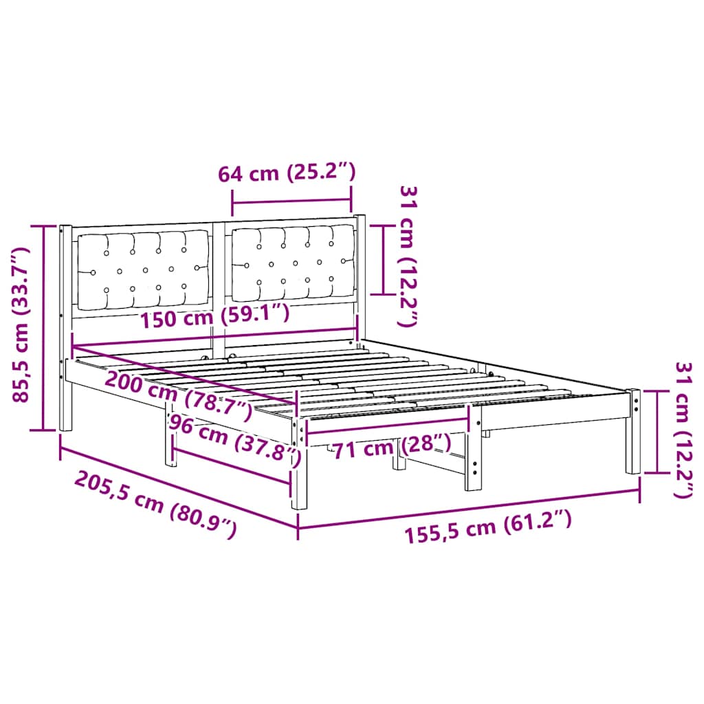 Sengestel med hovedgærde Mørkegrå 150 x 200 cm Massiv fyrretræ