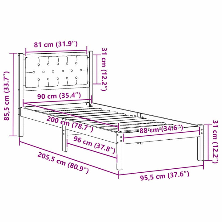 Sengestel med hovedgærde Sort 90 x 200 cm Massiv fyrretræ