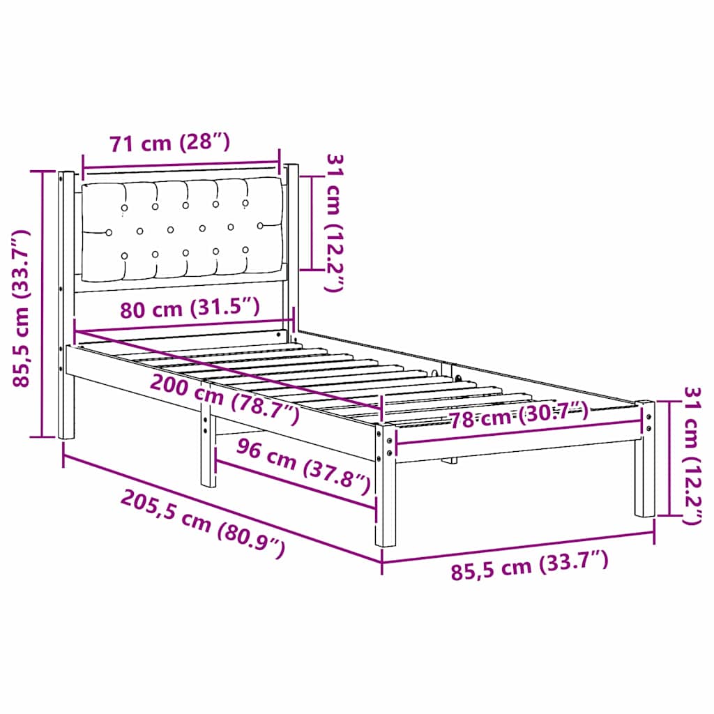 Sengestel med hovedgærde Sort 80 x 200 cm Massiv fyrretræ