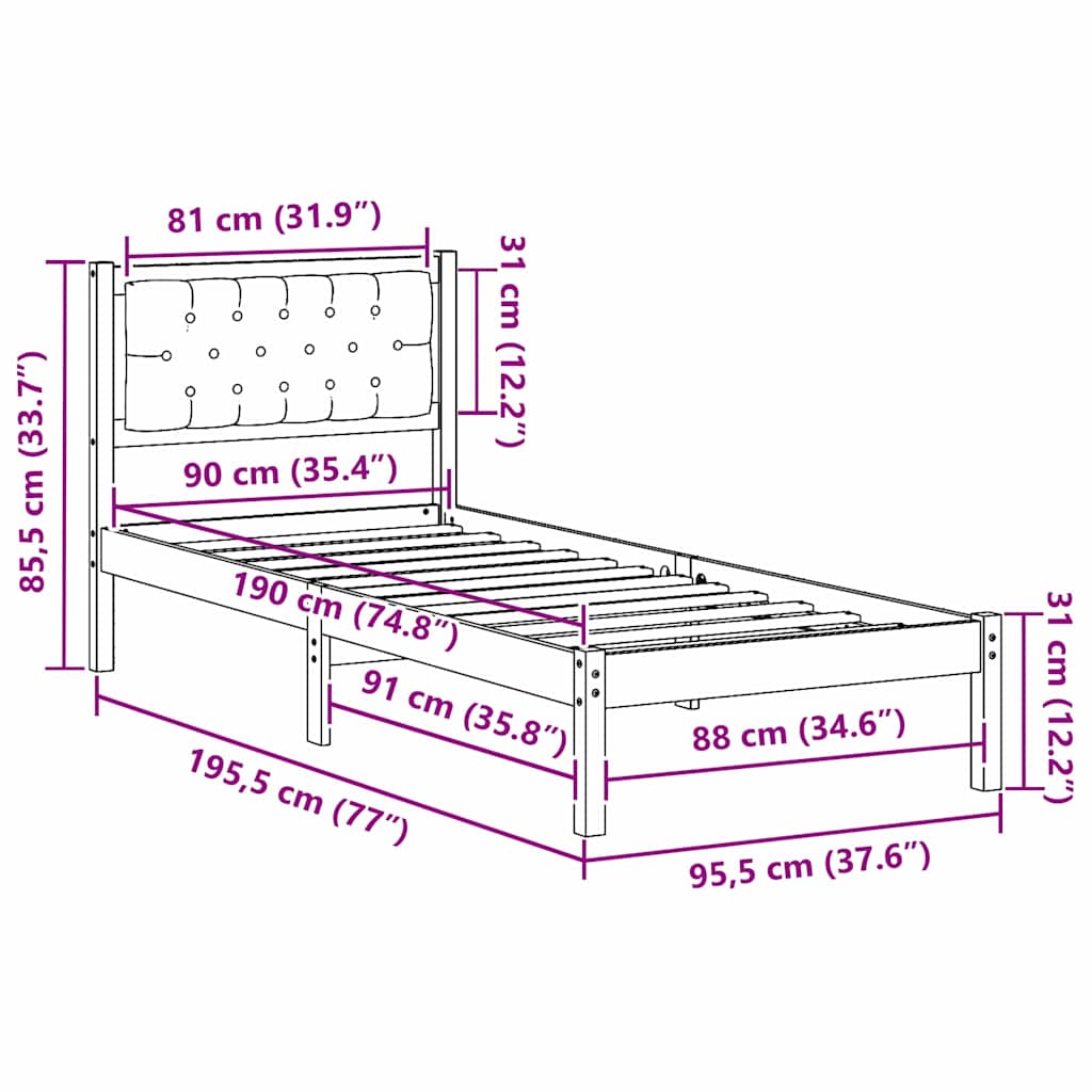 Sengestel med hovedgærde Mørkegrå 90 x 190 cm Massiv fyrretræ