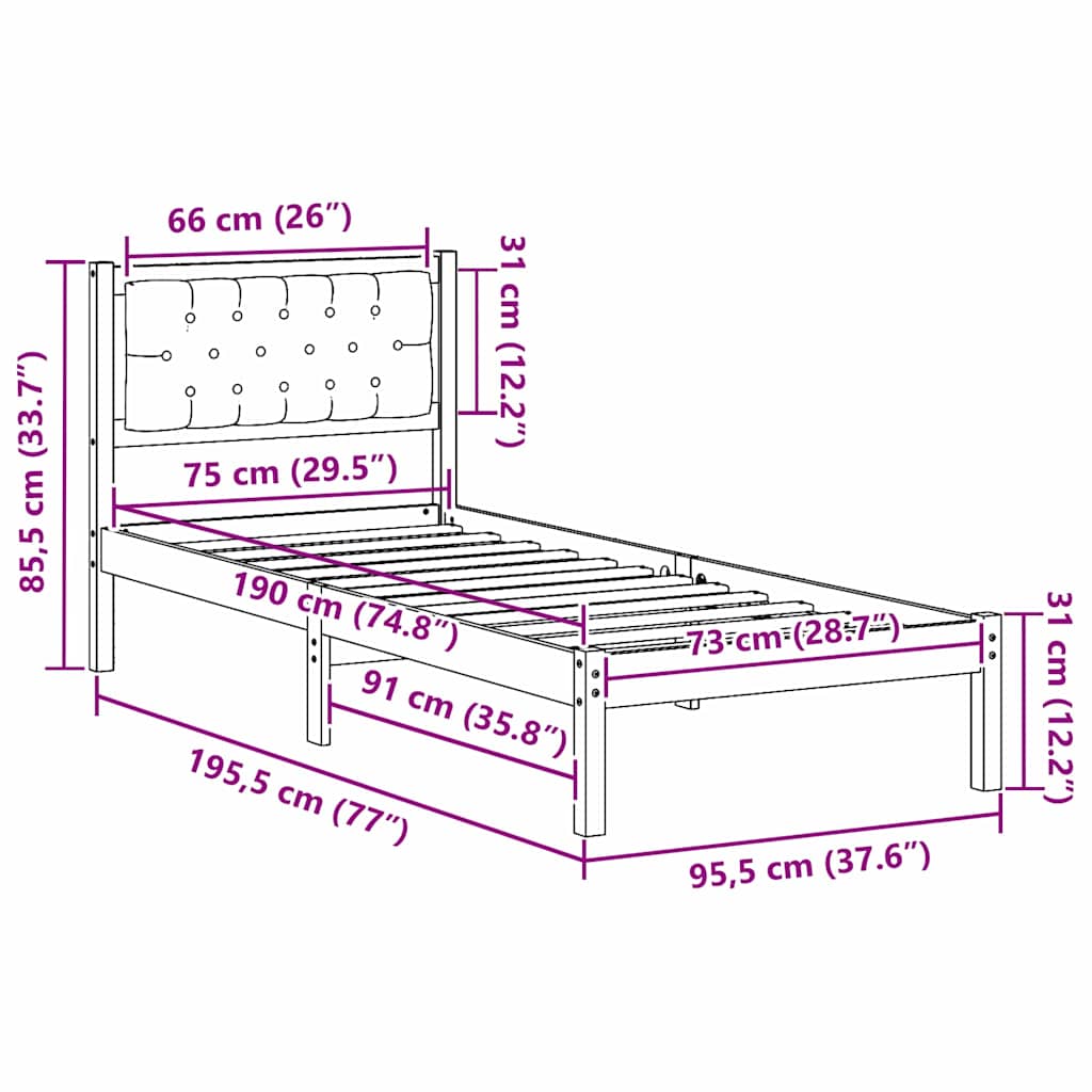 Sengestel med hovedgærde Mørkegrå 75 x 190 cm Massiv fyrretræ