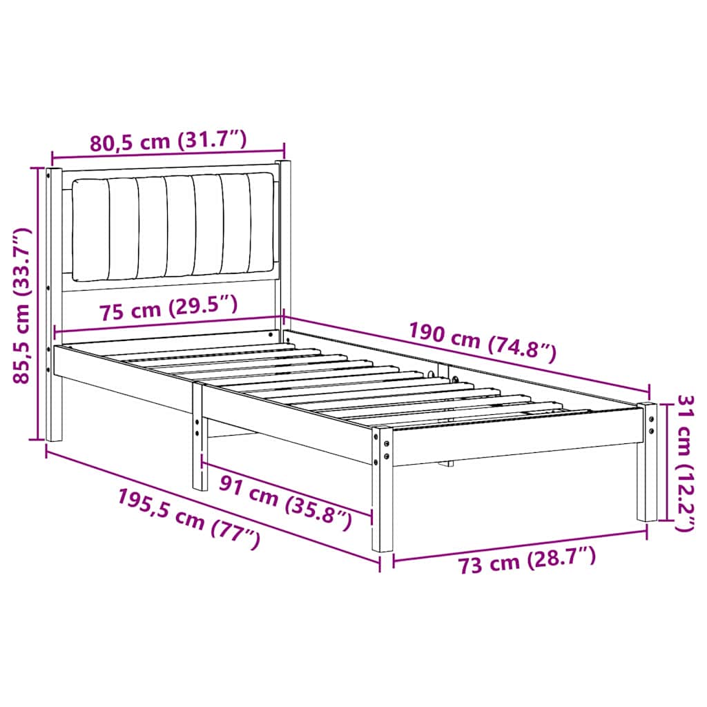 Sengestel med Polstret Hovedgavl Gråbrun 75 x 190 cm
