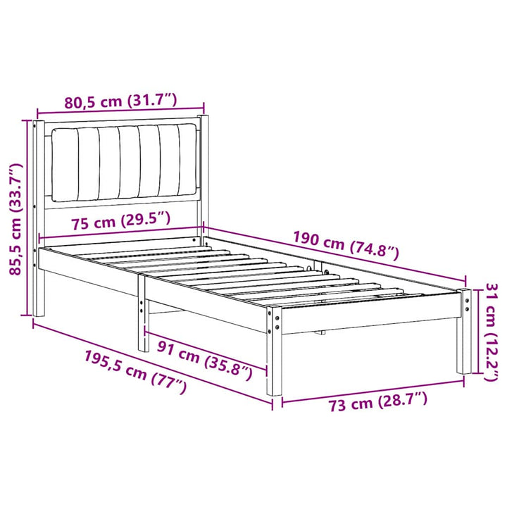 Sengestel med Polstret Hovedgavl Gråbrun 75 x 190 cm