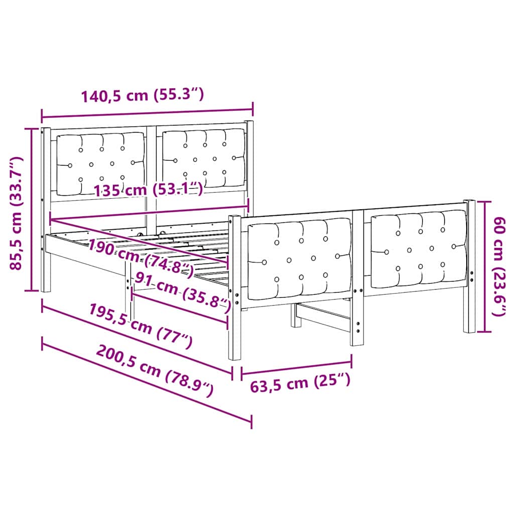Sengestel med hovedgærde Mørkegrå 135 x 190 cm Massiv fyrretræ