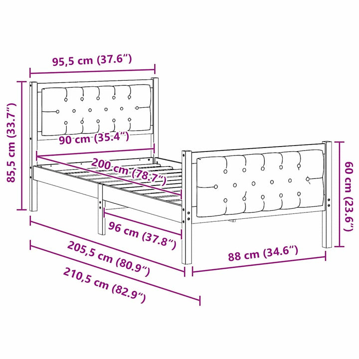 Sengestel med hovedgærde Mørkegrå 90 x 200 cm Massiv fyrretræ