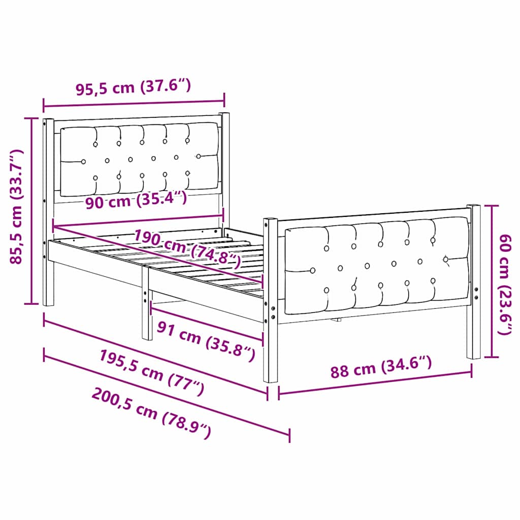 Sengestel med hovedgærde Sort 90 x 190 cm Massiv fyrretræ