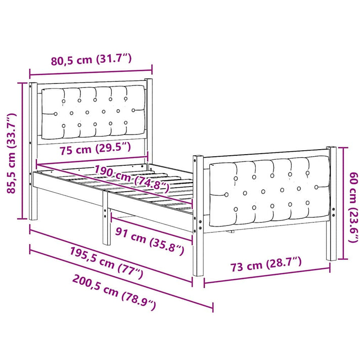 Sengestel med hovedgærde Lysegrå 75 x 190 cm Massiv fyrretræ