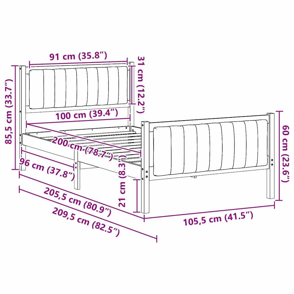 Sengestel brun og mørkegrå 100 x 200 cm Massivt fyrretræ