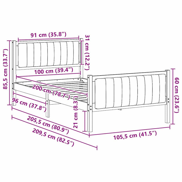 Sengestel Hvid og lys grå 100 x 200 cm Massivt fyrretræ