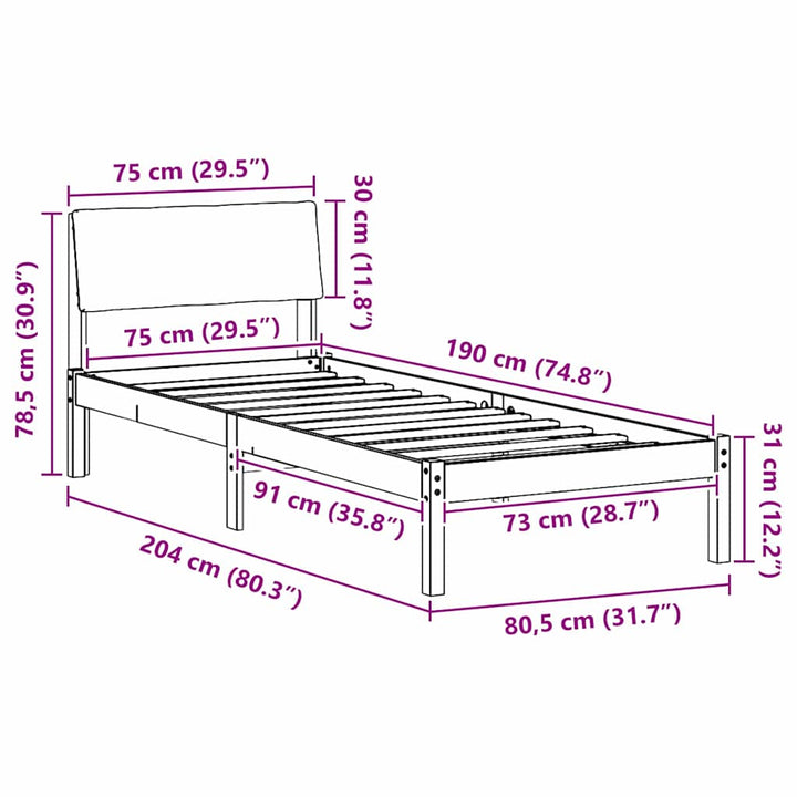 Sengestel brun og mørkegrå 75 x 190 cm Massivt fyrretræ