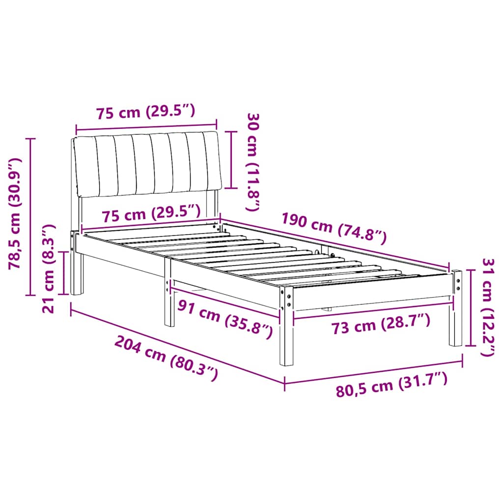 Sengestel Brun og lys grå 75 x 190 cm Massivt fyrretræ