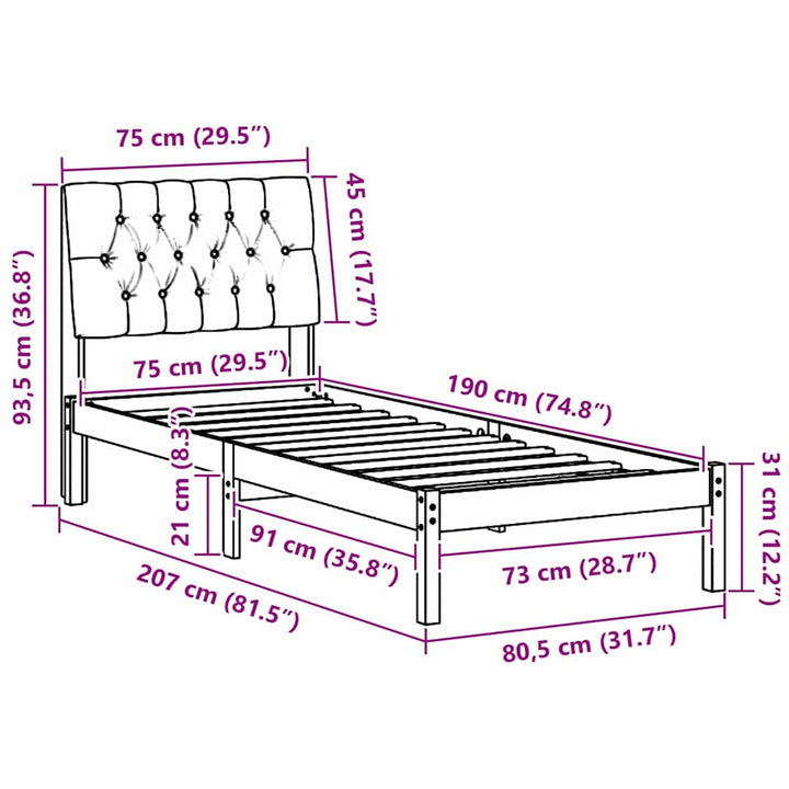 Sengestel med Polstret Hovedgavl Brun 75 x 190 cm
