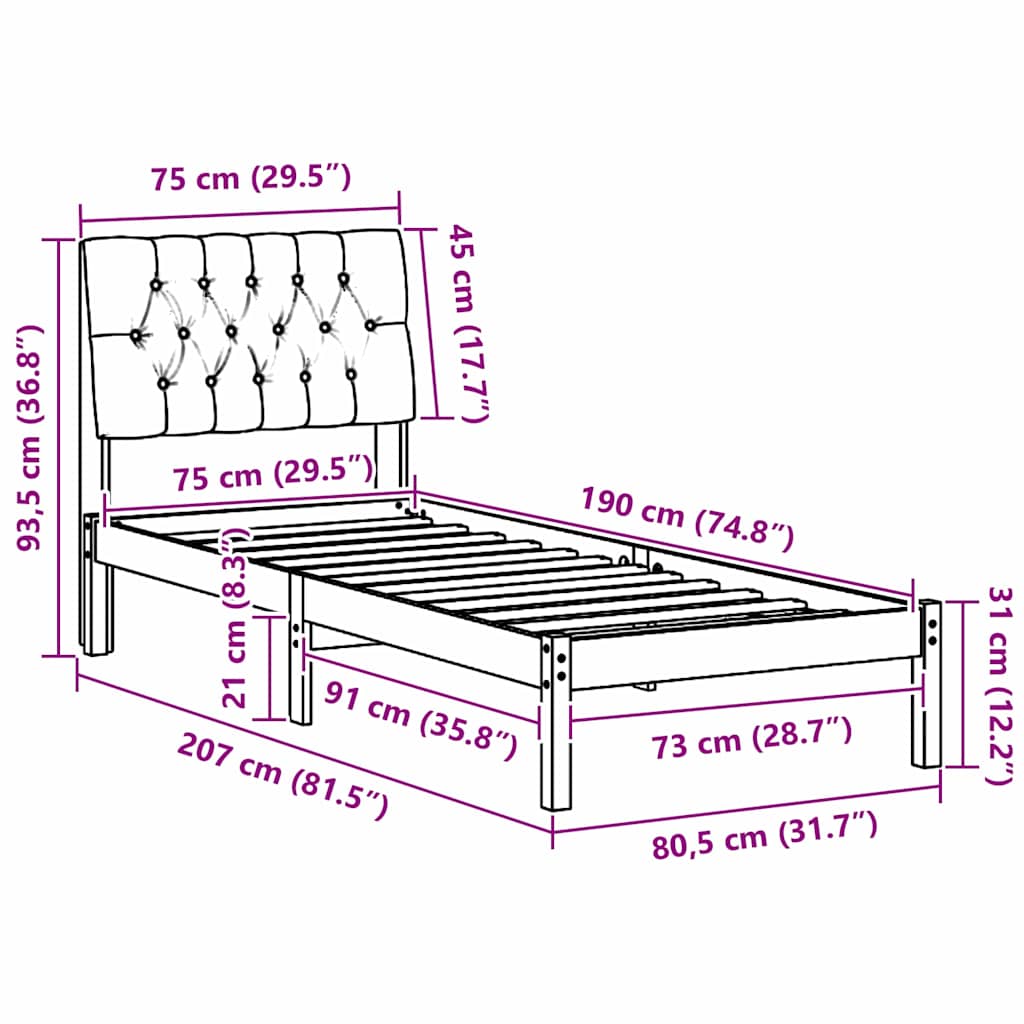 Sengestel med Polstret Hovedgavl Hvid 75 x 190 cm