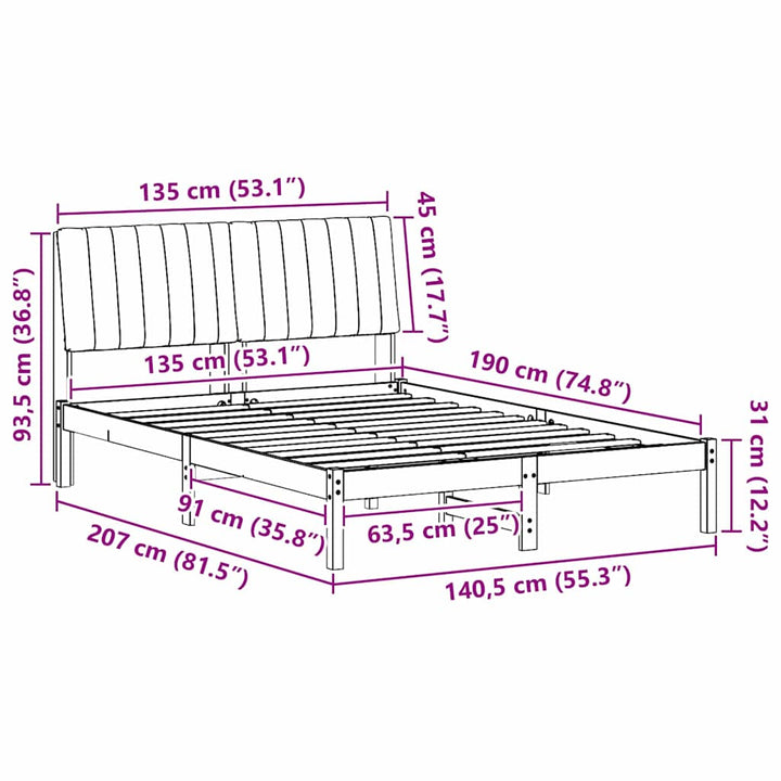 Sengestel med hovedgærde Brun 135 x 190 cm Massiv fyrretræ