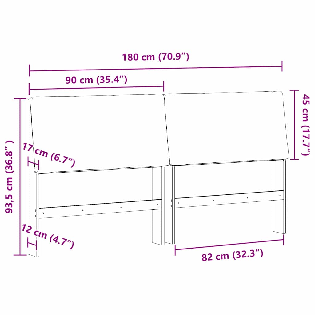 Polstret sengegavl Sort 180 cm Massiv fyrretræ