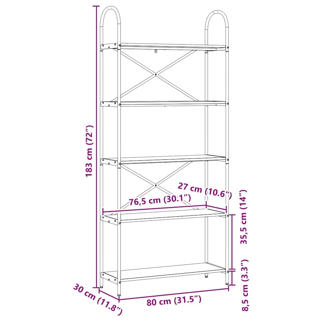 Bogreol Sonoma eg 80 x 30 x 183 cm Konstrueret træ