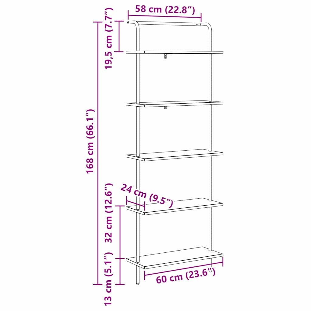 Bogreol 5 niveauer 60 x 24 x 168 cm Konstrueret træ