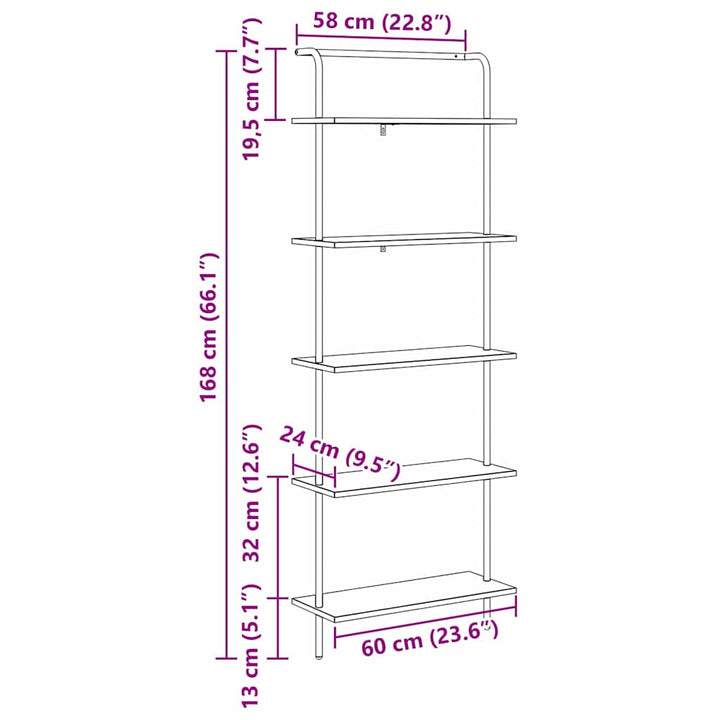 Bogreol 5 niveauer 60 x 24 x 168 cm Konstrueret træ