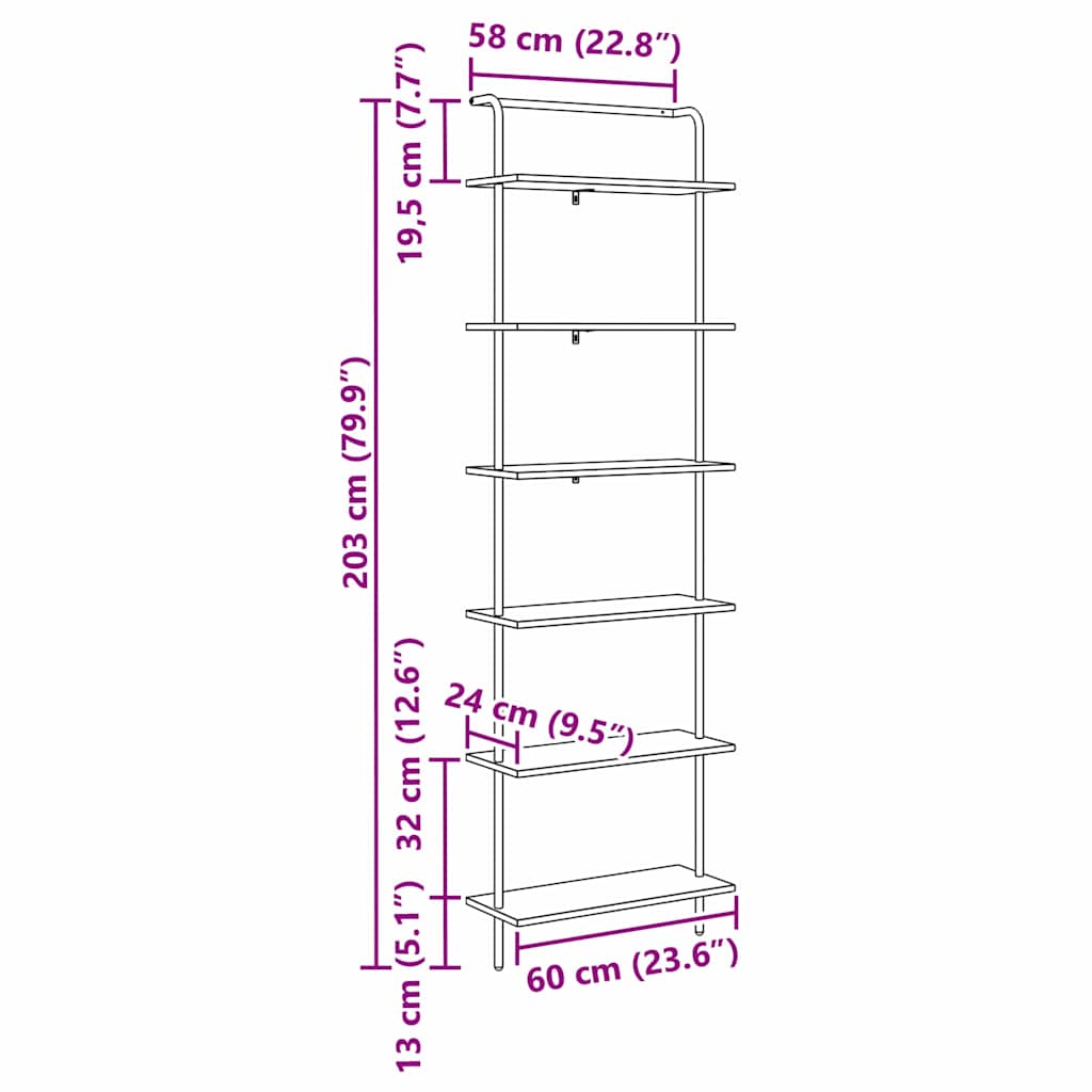 Bogreol Røget eg 60 x 24 x 203 cm Konstrueret træ