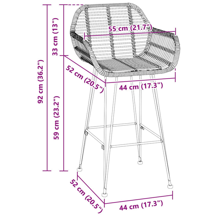 Barstol 2 pcs 55 x 52 x 92 cm Rattan og Jern