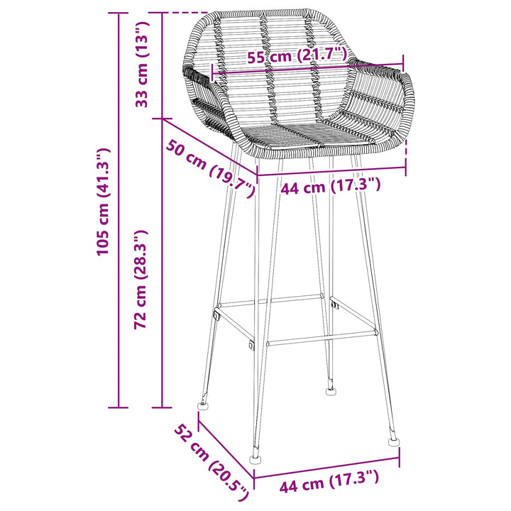 Barstol 2 pcs 55 x 52 x 105 cm Rattan og Jern