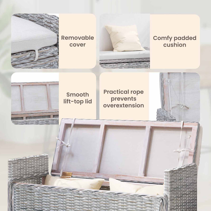 Opbevaringsbænk med pude Hvidvask 110 x 40 x 50 cm Rattan