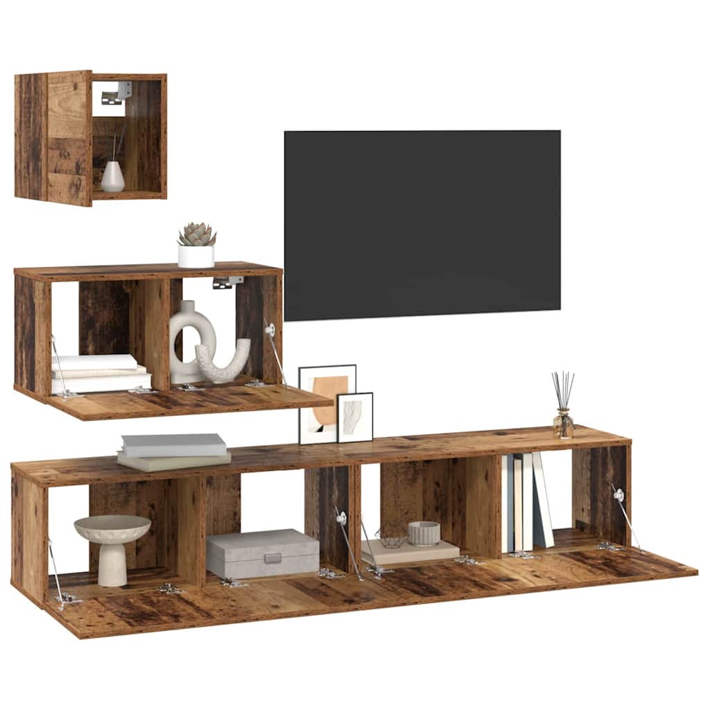 TV-møbelsæt Vægmonteret 4 pcs Gammelt træ Konstrueret træ