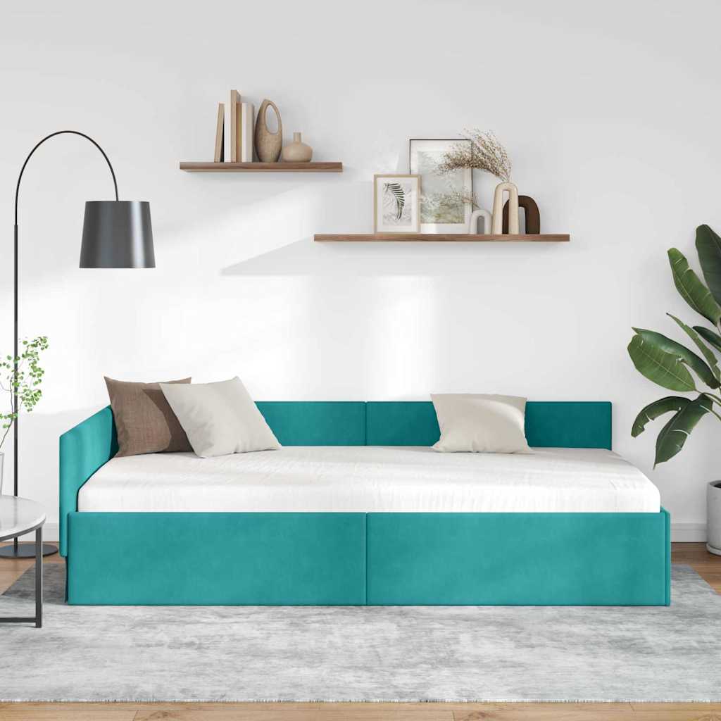 Hjørnesengramme med hovedgærde Turkis 90 cm x 190 cm Fløjl